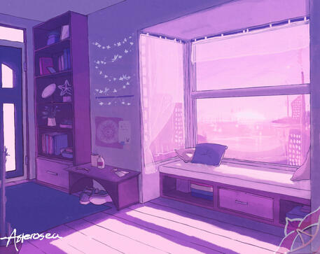 illustration of a cityscape in violet, at dawn or dusk