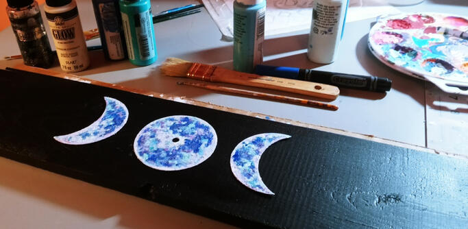 Moons of Pho WIP, acrylic on wood and metal