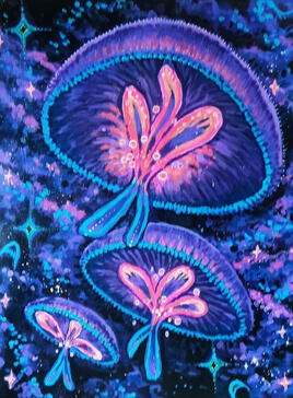 the Jellies, mixed media (blacklight reactive/ink & acrylic)